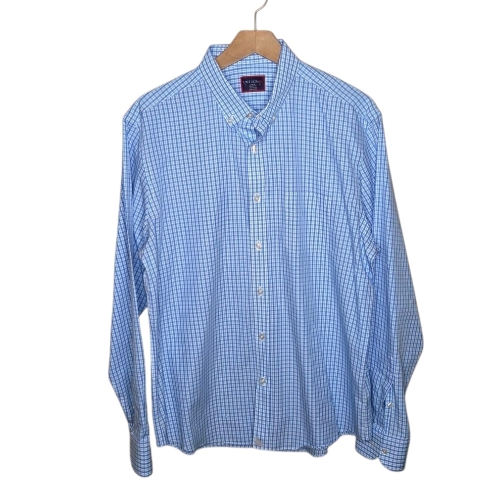 UntuckIt | Blue White Turquoise Plaid Button Down Shirt Size Large 100% Cotton